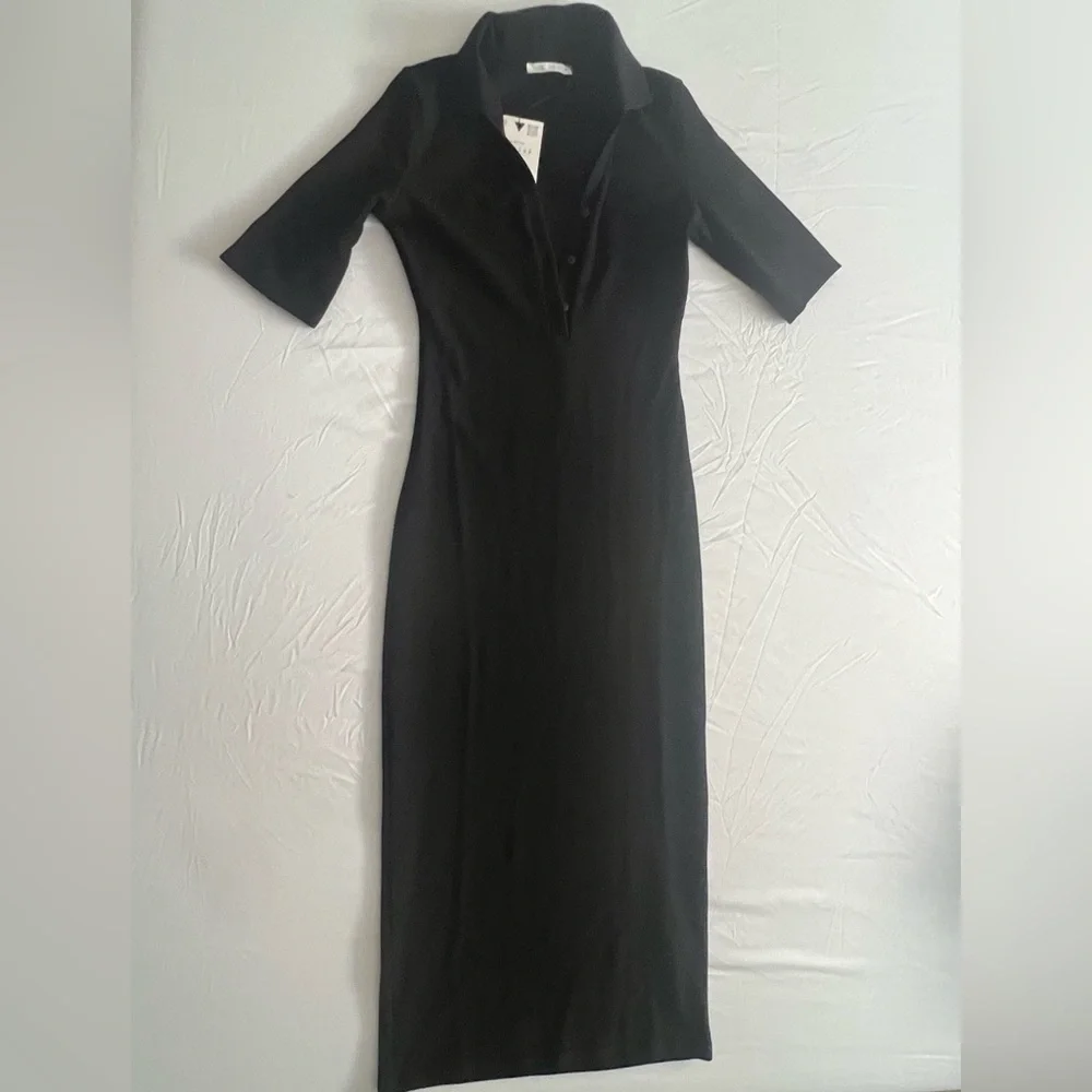 Zara Black Ribbed Midi Polo Dress - Picture 3 of 3